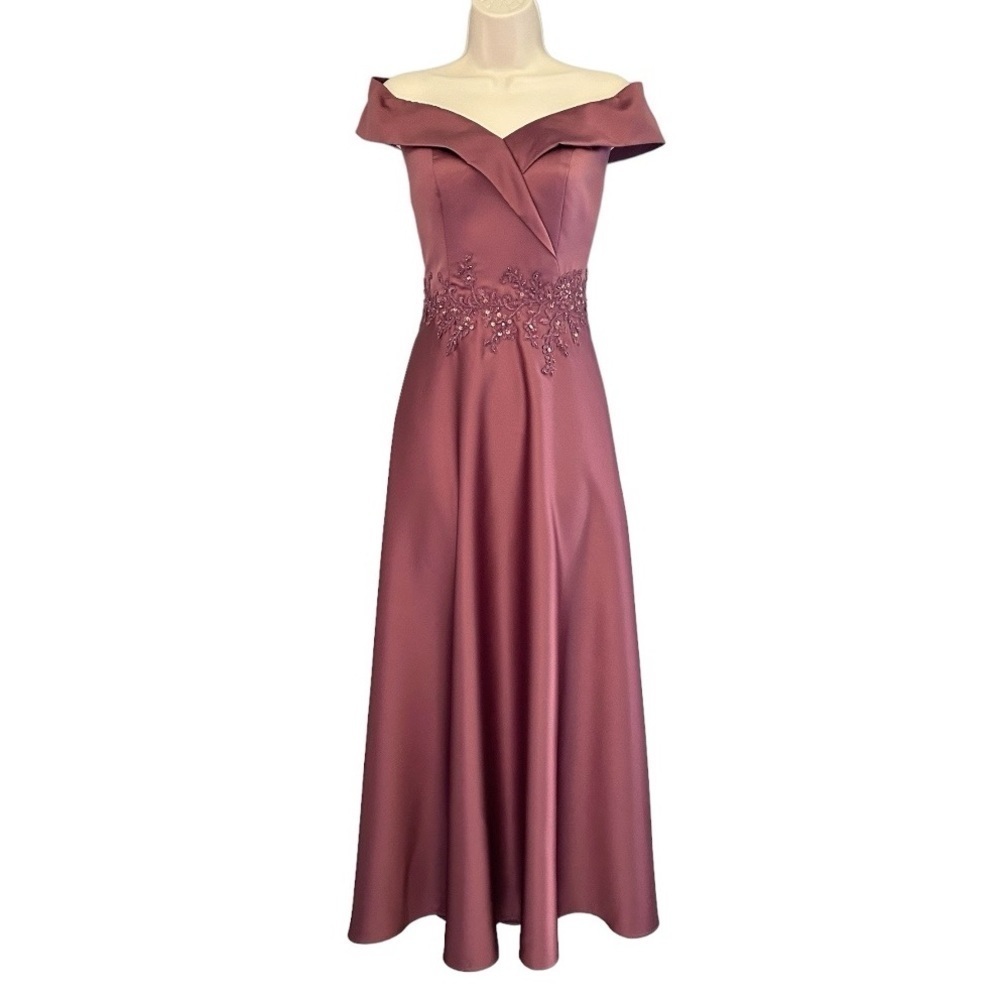 OC by Oleg Cassini Embroidered Off Shoulder Satin A-Line Dress in Rosewood Sz 4